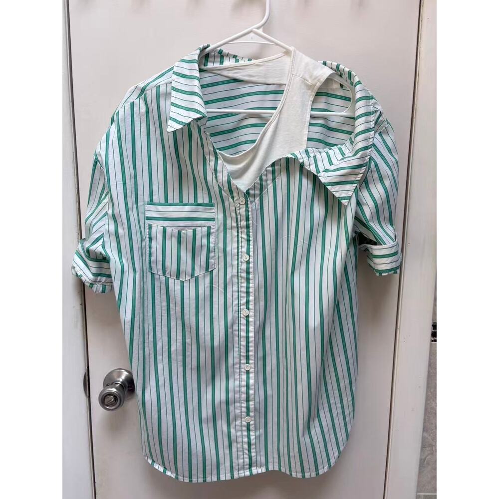 Womens Green Striped Button Shirt 2 in 1 Layered Tank Top Casual Blouse L